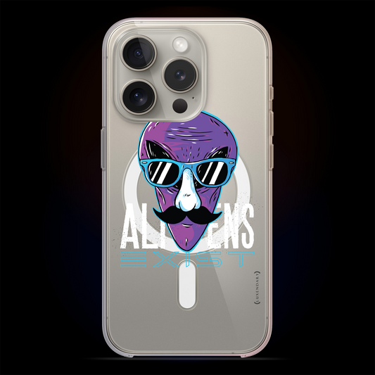 Hipster Alien, iPhone 15 / Pro / Pro Max / Plus clear case with Magsafe