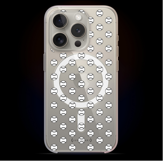 SMALL WHITE BASEBALLS PATTERN, iPhone 15 / Pro / Pro Max / Plus clear case with Magsafe